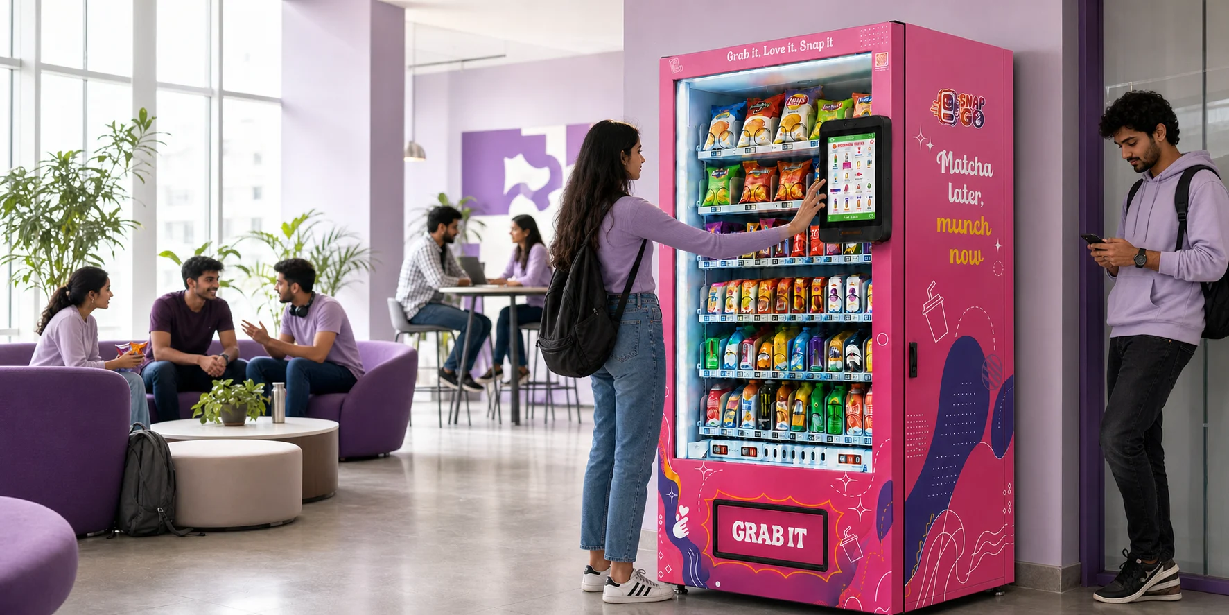 Students using a pink SnapGo vending machine in a modern campus lounge