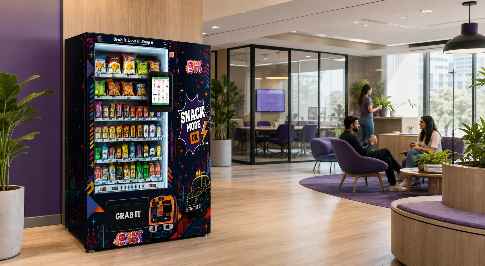 SnapGo vending machine shown in a modern office lounge