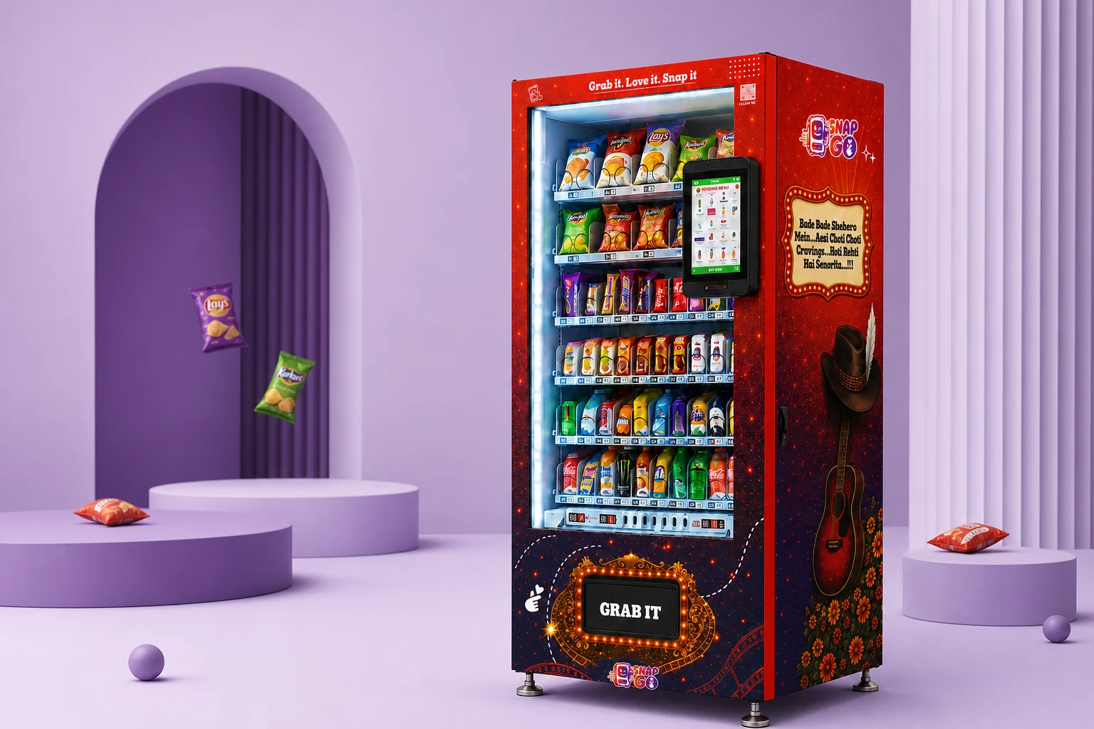 Red SnapGo vending machine displayed in a lavender studio setting