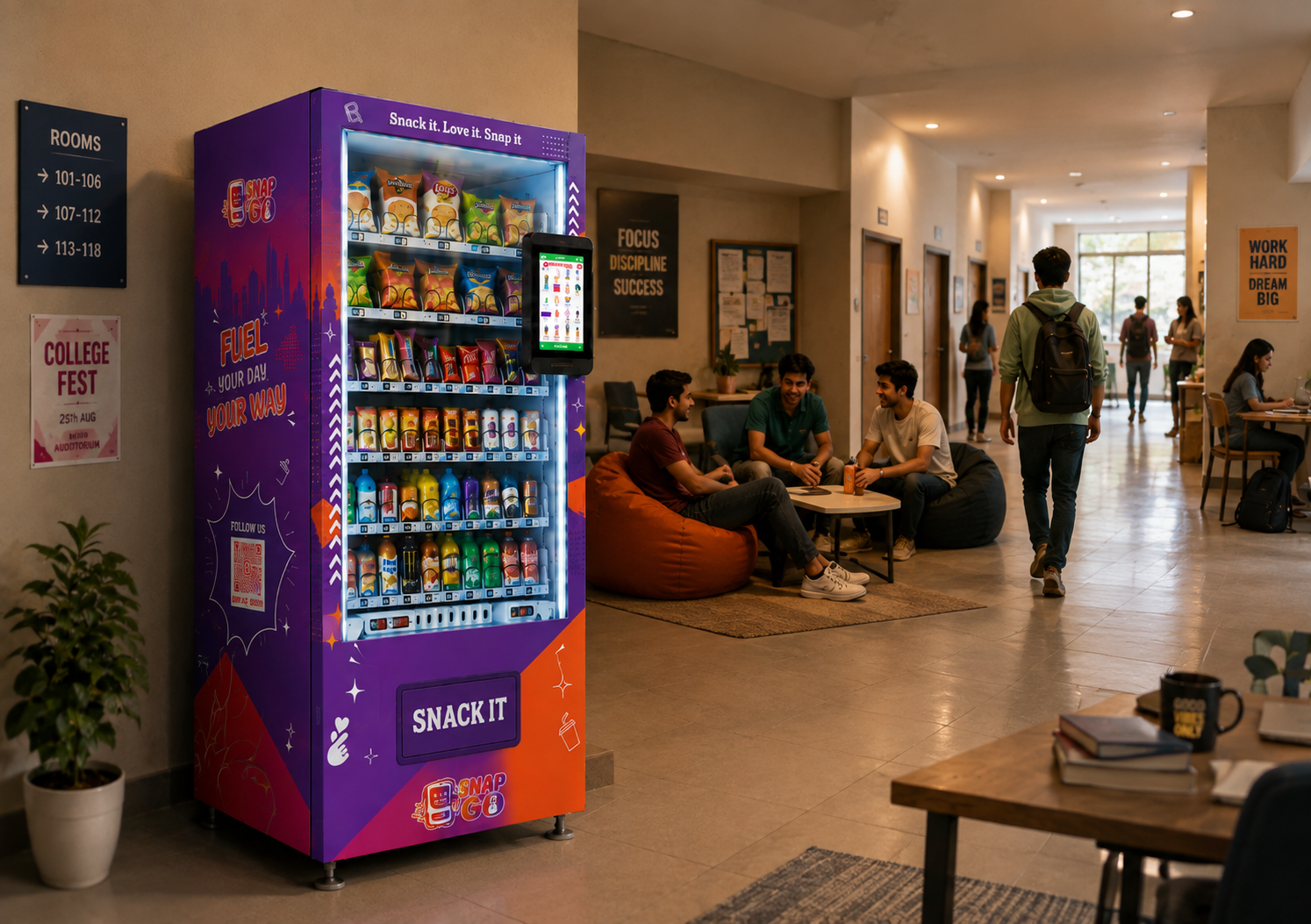 SnapGo vending machine in a boys hostel