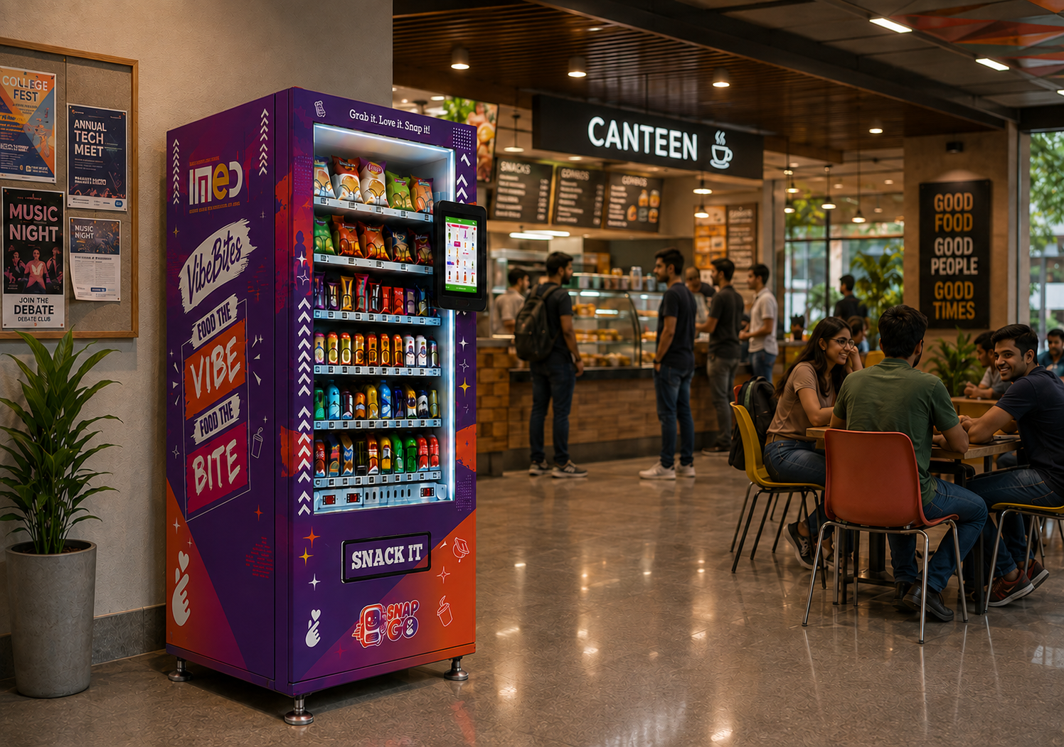 SnapGo vending machine in a college canteen